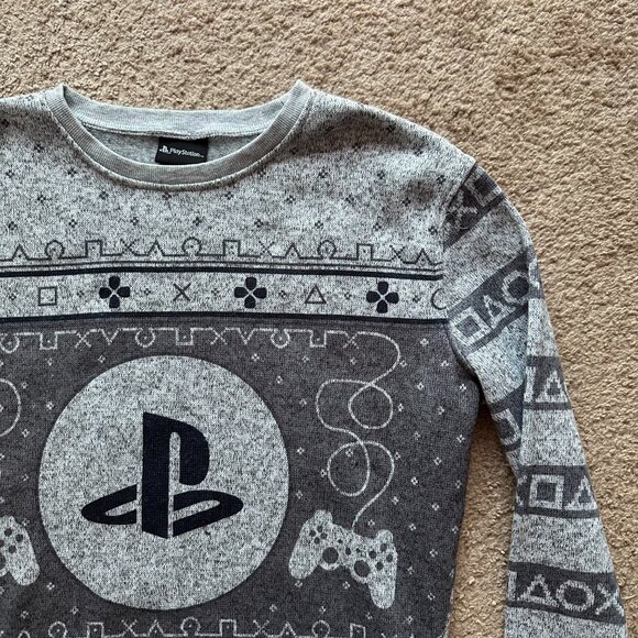 Playstation Sweater Mens Small Crewneck Long Sleeve Grey Pullover Fair Isle - Picture 4 of 10